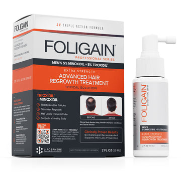 ผลิตภัณฑ์บำรุงชนิดทา FOLIGAIN สำหรับผู้ชายที่มีไมน็อกซิดิล 5% และ TRIOXIDIL 5% พร้อมกล่องและขวดสเปรย์.