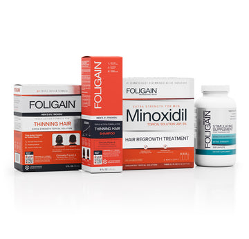 ชุดดูแลเส้นผม FOLIGAIN สำหรับผู้ชาย ประกอบด้วยแชมพู ผลิตภัณฑ์บำรุงชนิดทา ไมน็อกซิดิล และผลิตภัณฑ์เสริมอาหารบำรุงเส้นผม.