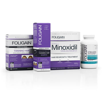 ชุดดูแลเส้นผม FOLIGAIN สำหรับผู้หญิง ประกอบด้วยแชมพู ผลิตภัณฑ์บำรุงชนิดทา ไมน็อกซิดิล และผลิตภัณฑ์เสริมอาหารบำรุงเส้นผม.