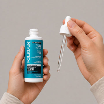 มือกำลังถือขวดเซรั่ม FOLIGAIN 2dDR ที่เปิดฝาและหลอดหยดแก้ว.