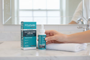 มือกำลังถือเซรั่ม DHT FOLIGAIN ข้างกล่องและผ้าขนหนูที่พับอยู่บนเคาน์เตอร์ห้องน้ำ.