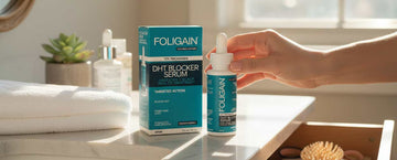 ขวดและกล่องเซรั่ม DHT FOLIGAIN บนเคาน์เตอร์ห้องน้ำ มีมือจับฝาหลอดหยด.