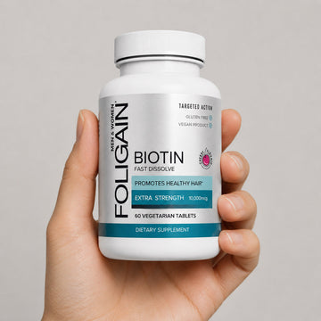 มือกำลังถือขวดไบโอติน FOLIGAIN ชนิดเม็ดละลายเร็ว.