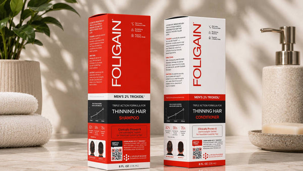 กล่องแชมพูและครีมนวดผม FOLIGAIN สำหรับผู้ชายที่มี TRIOXIDIL 2%.