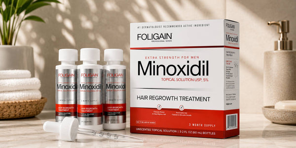ไมน็อกซิดิล 5% FOLIGAIN สำหรับใช้สามเดือน มีสามขวด พร้อมกล่องและหลอดหยด.