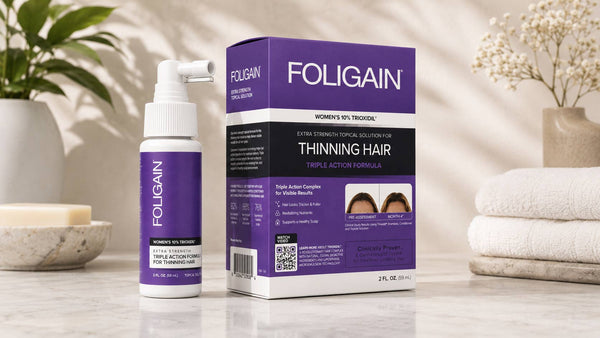 ขวดและกล่องผลิตภัณฑ์บำรุงชนิดทา TRIOXIDIL 10% FOLIGAIN สำหรับผู้หญิง.