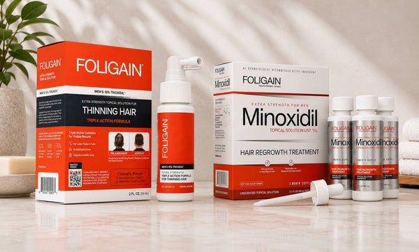 ผลิตภัณฑ์บำรุงชนิดทา TRIOXIDIL 10% FOLIGAIN สำหรับผู้ชาย อยู่ข้างชุดไมน็อกซิดิล 5%.