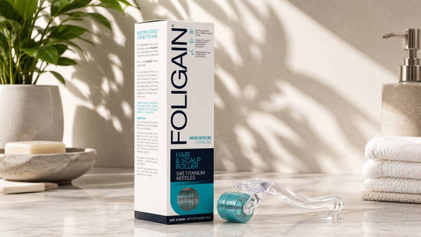 ลูกกลิ้งสำหรับเส้นผมและหนังศีรษะ FOLIGAIN พร้อมกล่องบนเคาน์เตอร์ห้องน้ำ.