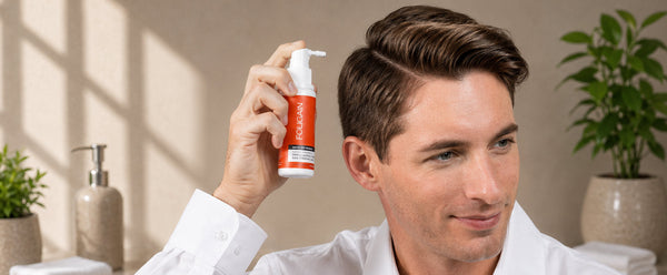 ผู้ชายถือหัวพ่นสเปรย์ FOLIGAIN TRIOXIDIL ข้างเส้นผม.