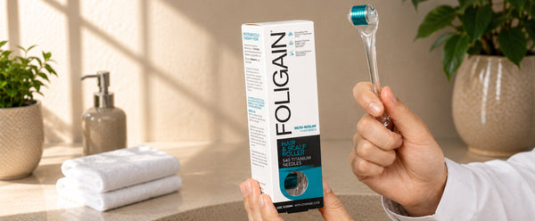 มือกำลังถือลูกกลิ้งสำหรับเส้นผมและหนังศีรษะ FOLIGAIN พร้อมกล่อง.