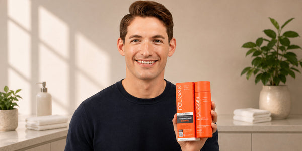 ผู้ชายถือขวดและกล่องแชมพูทริปเปิลแอ็กชัน FOLIGAIN สำหรับผู้ชายที่มี TRIOXIDIL 2%.