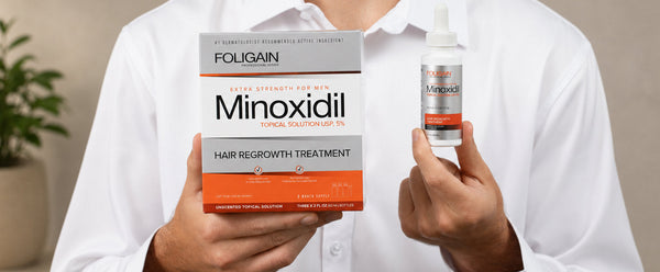 มือกำลังถือขวดไมน็อกซิดิล 5% FOLIGAIN และกล่องสำหรับใช้สามเดือน.