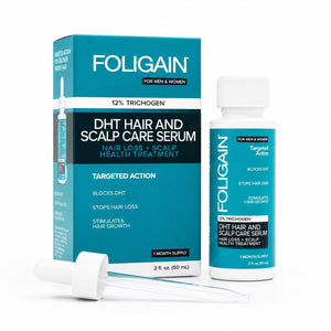 เซรั่มดูแลเส้นผมและหนังศีรษะ DHT FOLIGAIN ที่มี TRICHOGEN 12% ขวดขนาด 60 mL พร้อมกล่องและหลอดหยด.